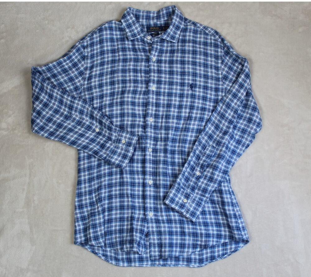 Polo Ralph Lauren Linen Shirt Mens XL Blue Plaid Button Front Slim Fit Preppy